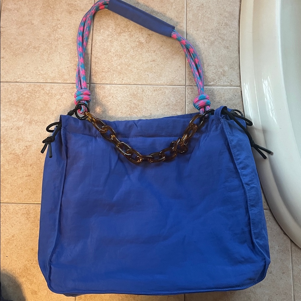 Blue Tote Bag with Colorful Handles
